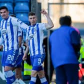 Oli Shaw celebrates making it 2-1 with teammate Kyle Lafferty. (Photo by Sammy Turner / SNS Group)