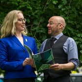 Scottish Greens co-convener Patrick Harvie at the Glad Cafe in Glasgow with fellow party co-convener Lorna Slater. Picture: John Devlin