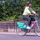 Radio One broadcaster Arielle Free trying out the OVO Bikes scheme in Glasgow. (Photo by Sandy Young/PinPep/nextbike)