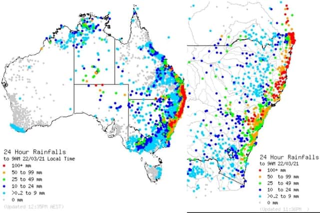 A map showing the rainfall levels of the past 24 hours (as of 1pm GMT) in Australia, and New South Wales (Image: Bureau of Meteorology)