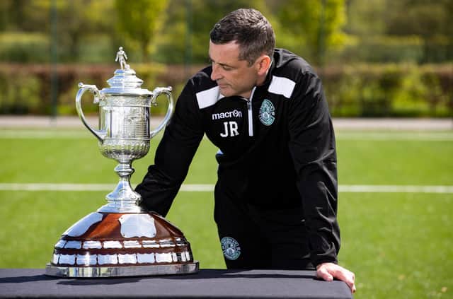Hibs  manager Jack Ross looks longinglyat a Scottish Cup he hopes to be lifting on Saturday. (Photo by Alan Harvey / SNS Group)