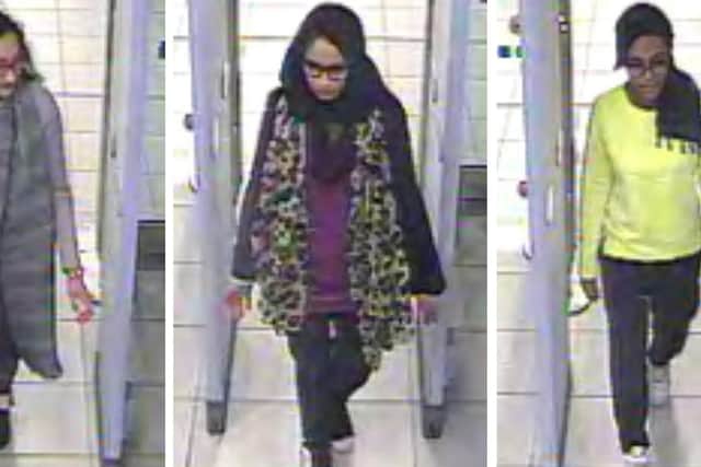 A CCTV image of (left to right) Kadiza Sultana,16, Shamima Begum,15 and Amira Abase, 15, going through security at Gatwick airport as they travelled to Syria in 2015 (Picture: Metropolitan Police/PA Wire)