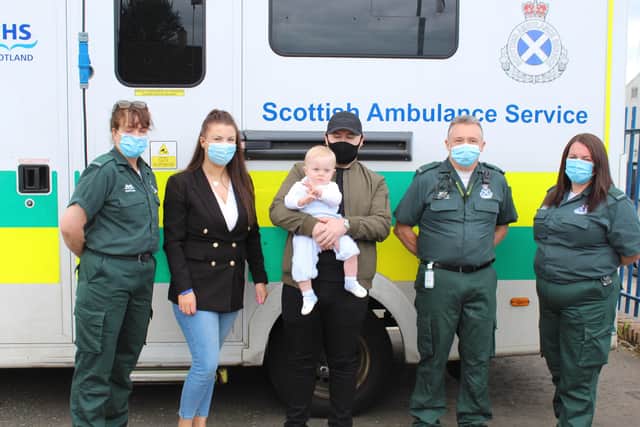 Finlay Mackenzie, who was born at just 26 weeks, met paramedics Nikki Wilson, Harry Trodden and Sheila Parr at the Glasgow East Ambulance Station.