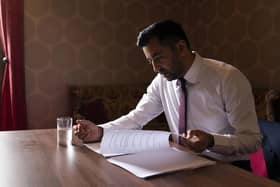 First Minister Humza Yousaf reading through his speech before heading to the stage at the SNP independence convention at Caird Hall in Dundee. Picture: Jane Barlow/PA Wire