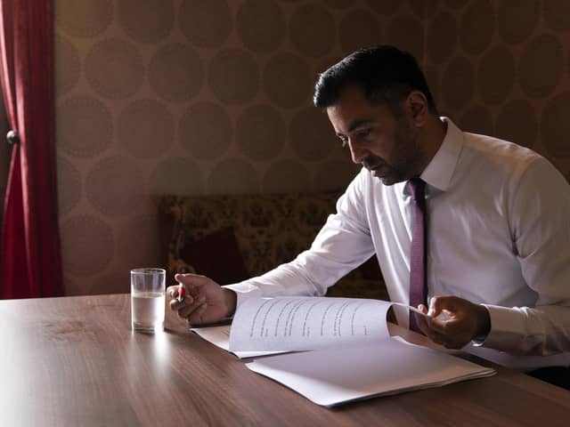 First Minister Humza Yousaf reading through his speech before heading to the stage at the SNP independence convention at Caird Hall in Dundee. Picture: Jane Barlow/PA Wire