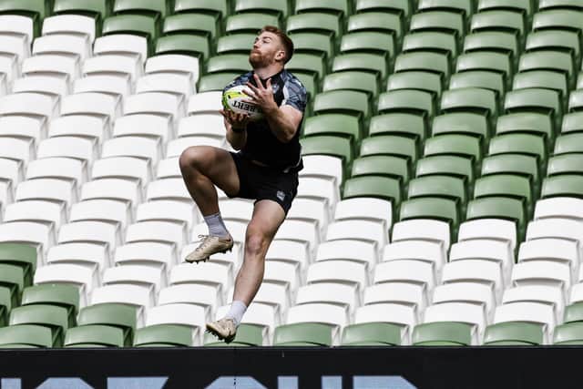 An airborne Kyle Steyn trains at the Aviva ahead of Glasgow Warriors' Challenge Cup final against Toulon. (Photo by Billy Stickland/INPHO/Shutterstock)