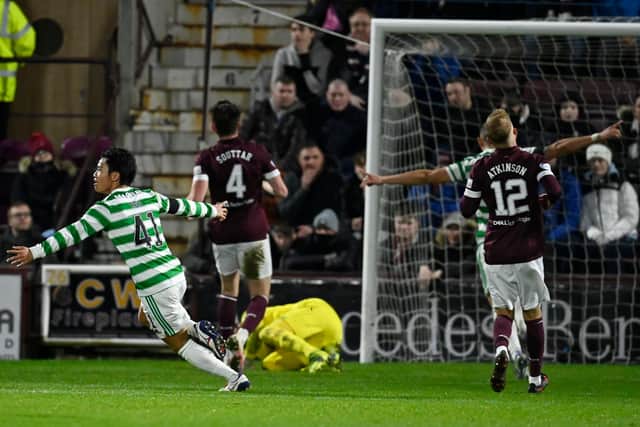 EDINBURGH, SCOTLAND - JANUARY 26: Celtic's Reo Hatate wheels away after the 30-yard strike that he has admitted is "the best" of the 24-year-old's career. Photo by Rob Casey / SNS Group)
