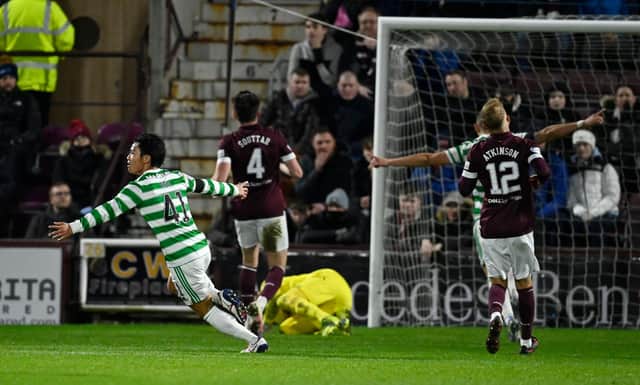 EDINBURGH, SCOTLAND - JANUARY 26: Celtic's Reo Hatate wheels away after the 30-yard strike that he has admitted is "the best" of the 24-year-old's career. Photo by Rob Casey / SNS Group)