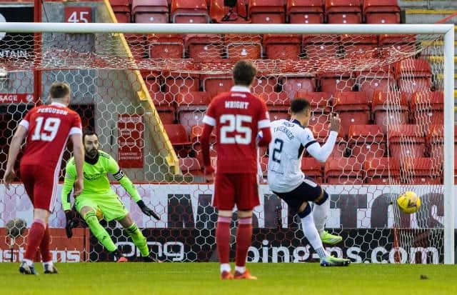 A rare miss from the penalty spot by Rangers captain James Tavernier as he sends the ball wide of Aberdeen goalkeeper Joe Lewis' left hand post at Pittodrie. (Photo by Alan Harvey / SNS Group)