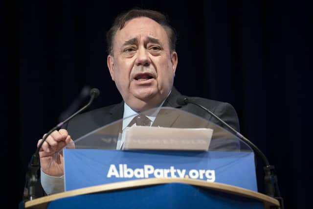 Alex Salmond delivers his leaders speech during the first annual conference for the Alba Party at Greenock Town Hall.