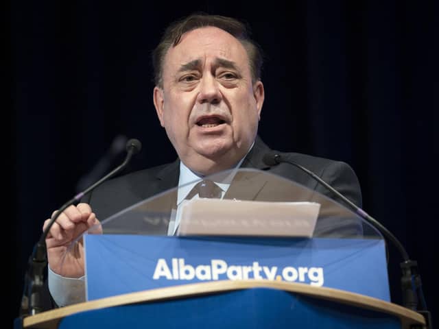 Alex Salmond delivers his leaders speech during the first annual conference for the Alba Party at Greenock Town Hall.