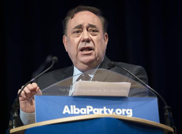 Alex Salmond delivers his leaders speech during the first annual conference for the Alba Party at Greenock Town Hall.