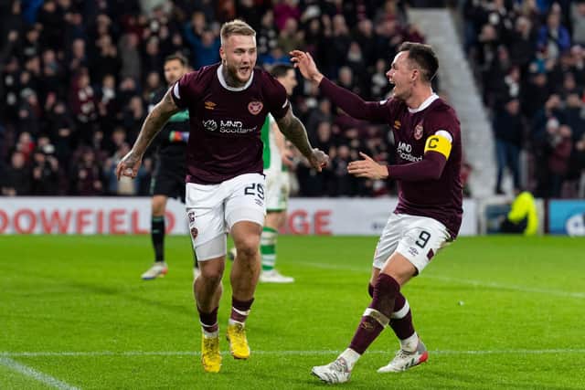 Hearts' Stephen Humphrys celebrates after making it 3-0 during the victory over Hibs.