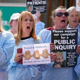 Protesters outside the Scottish Parliament in Edinburgh are asking for a public inquiry into the care given to patients by "disgraced surgeon" Professor Sam Eljamel. Picture: Andrew Milligan/PA Wire