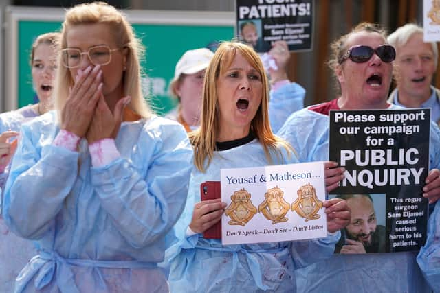 Protesters outside the Scottish Parliament in Edinburgh are asking for a public inquiry into the care given to patients by "disgraced surgeon" Professor Sam Eljamel. Picture: Andrew Milligan/PA Wire