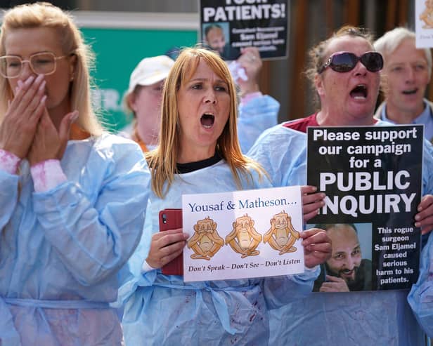 Protesters outside the Scottish Parliament in Edinburgh are asking for a public inquiry into the care given to patients by "disgraced surgeon" Professor Sam Eljamel. Picture: Andrew Milligan/PA Wire