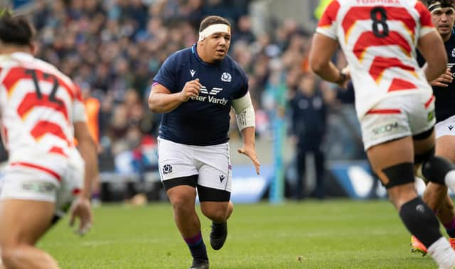 Javan Sebastian during his Scotland debut against Japan at BT Murrayfield in November 2021.  (Photo by Ross Parker / SNS Group)