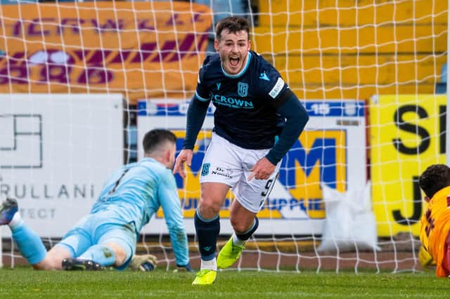 Danny Mullen celebrates after scoring Dundee's second goal in the 3-0 win over Motherwell (Photo by Craig Foy / SNS Group)