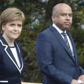 First Minister Nicola Sturgeon with Sanjeev Gupta, the head of the Liberty Group, ahead of a ceremony where Tata Steel handed over the keys of two Lanarkshire steel plants to metals firm Liberty House, at Dalzell steelworks in Scotland.