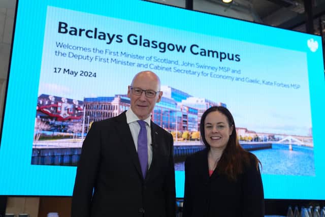 First Minister John Swinney alongside Deputy First Minister Kate Forbes after delivering a speech on Scotland's economy and the government's priorities at Barclays Glasgow Campus in Glasgow. (Photo by Andrew Milligan/PA Wire)