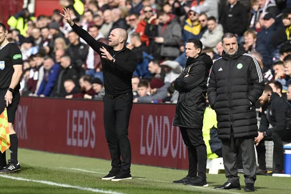 Hearts manager Robbie Neilson gives instructions during the match against Celtic.