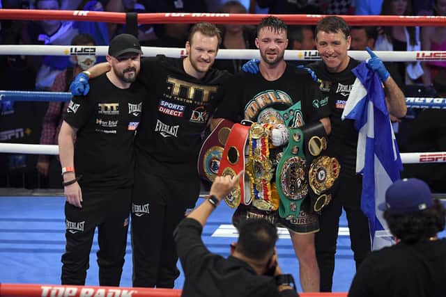 Josh Taylor and his team after his win by unanimous decision over Jose Ramirez in Las Vegas. UK fight fans could only watch the contest on a streaming service. Picture: David Becker/Getty Images