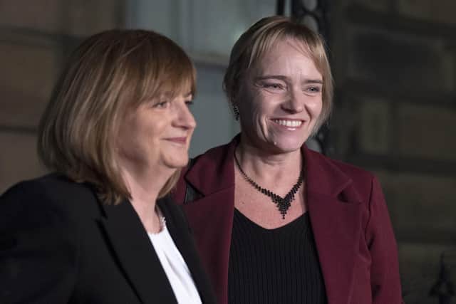 Nurse Sandie Peggie (right) alongside her solicitor Margaret Gribbon outside the Edinburgh Tribunals Service after she won a claim for harassment in her employment tribunal case against a health board, but other allegations of discrimination were dismissed (Picture: Jane Barlow/PA Wire)