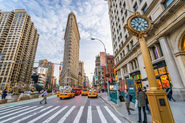 View of the Flatiron Building from Fifth Avenue in Manhattan, New York City.