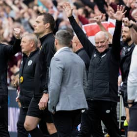 Hearts interim manager Steven Naismith, left, celebrates the 1-1 draw with Hibs.