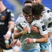 Glasgow Warriors' Ross Thompson is congratulated by Rory Darge after his try. Picture: Gareth Everett/Huw Evans/Shutterstock