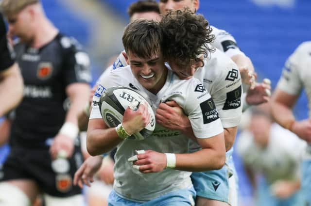 Glasgow Warriors' Ross Thompson is congratulated by Rory Darge after his try. Picture: Gareth Everett/Huw Evans/Shutterstock