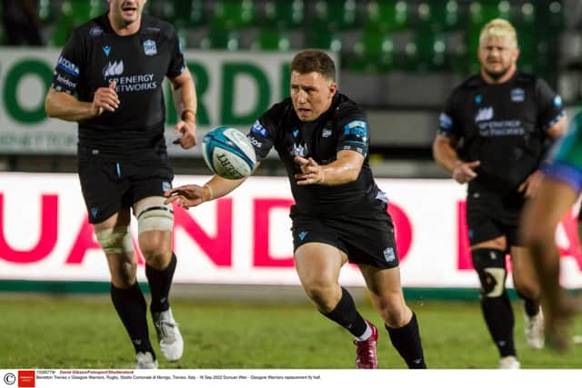 Duncan Weir came on as a late replacement for Glasgow Warriors during their defeat by Benetton in Treviso. Photo by David Gibson/Fotosport/Shutterstock
