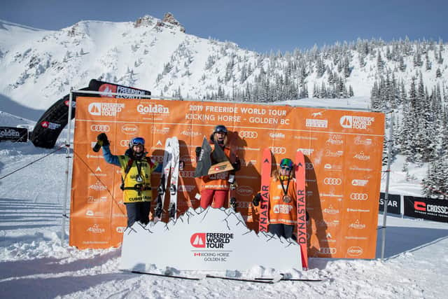 Craig Murray (1st), Markus Eder (2nd) and Logan Pehota (3rd) at the 2019 FWT event at Kicking Horse PIC: Jeremy Bernard / Freeride World Tour