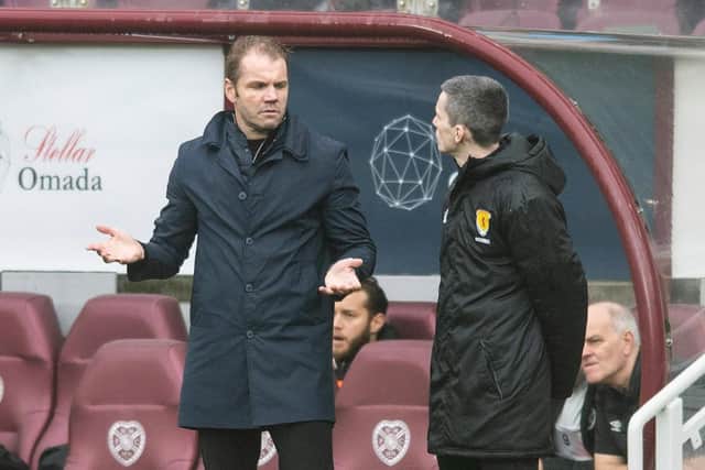 Hearts manager Robbie Neilson speaks to fourth official Craig Napier during the 4-3 defeat to Celtic. (Photo by Mark Scates / SNS Group)