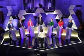 Reform UK leader Nigel Farage, leader of Plaid Cymru Rhun ap Iorwerth, Liberal Democrat deputy leader Daisy Cooper, Stephen Flynn of the SNP, co-leader of the Green Party Carla Denyer, deputy Labour leader Angela Rayner and Commons Leader Penny Mordaunt, take part in the BBC Election Debate hosted by BBC news presenter Mishal Husain at BBC Broadcasting House in London, ahead of the General Election on July 4. Picture: Stefan Rousseau/PA Wire