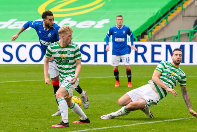 Rangers' Connor Goldson (left) sees his effort blocked by Celtic's Shane Duffy prior to scoring his club's second in the win last October that was their second straight derby success at the home of their rivals . (Photo by Alan Harvey / SNS Group)