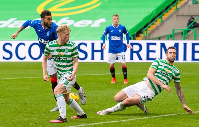 Rangers' Connor Goldson (left) sees his effort blocked by Celtic's Shane Duffy prior to scoring his club's second in the win last October that was their second straight derby success at the home of their rivals . (Photo by Alan Harvey / SNS Group)