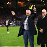 Sir Alex Ferguson is presented with a Scotland Cap by Mike Mulraney during a FIFA World Cup Qualifier between Scotland and Israel at Hampden Park, on October 09 , 2021, in Glasgow, Scotland. (Photo by Alan Harvey / SNS Group)