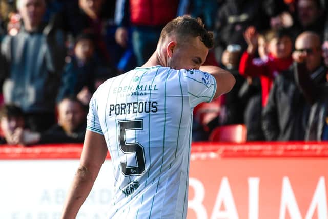 Ryan Porteous leaves the field after being shown a red card in Hibs' 3-1 defeat to Aberdeen at Pittodrie. (Photo by Craig Foy / SNS Group)