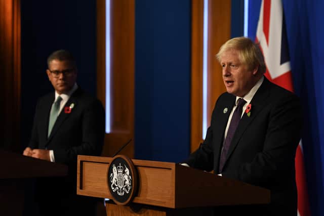Alok Sharma, President of Cop26 (left) Prime Minister Boris Johnson, during a press conference in Downing Street, London about the Cop26 climate summit.