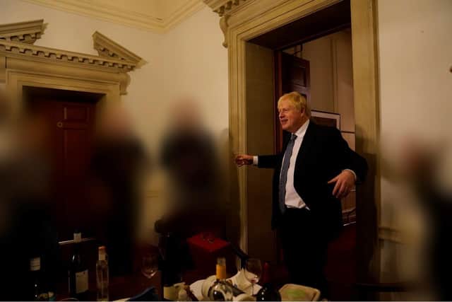 Prime Minister Boris Johnson at a gathering in 10 Downing Street. Picture: Sue Gray Report/Cabinet Office/PA Wire