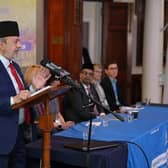 Mr Fareed Ahmad, National External Affairs Secretary of the Ahmadiyya Muslim Community UK, delivering the keynote address at the event.