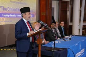 Mr Fareed Ahmad, National External Affairs Secretary of the Ahmadiyya Muslim Community UK, delivering the keynote address at the event.