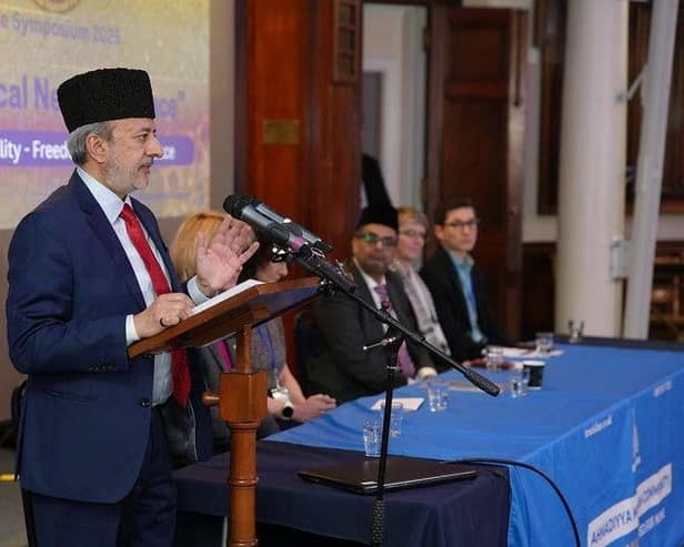 Mr Fareed Ahmad, National External Affairs Secretary of the Ahmadiyya Muslim Community UK, delivering the keynote address at the event.