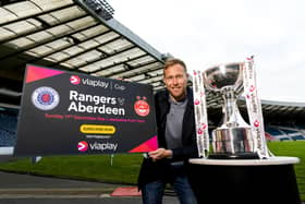 Scott Arfield was at Hampden promoting Viaplay’s live and exclusive coverage of Rangers v Aberdeen in the Viaplay Cup Final. Viaplay is available to stream from viaplay.com or via your TV provider on Sky, Virgin TV and Amazon Prime as an add-on subscription.  (Photo by Craig Williamson / SNS Group)