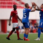 GIBRALTAR, GIBRALTAR - SEPTEMBER 17: James Tavernier of Rangers celebrates with teammates after scoring his team's first goal from a free-kick during the UEFA Europa League second qualifying round match between Lincoln Red Imps and Rangers at Victoria Stadium on September 17, 2020 in Gibraltar, Gibraltar. (Photo by Fran Santiago/Getty Images)