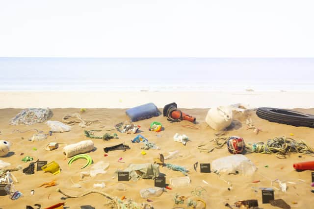 Debris collected from Scotland's coastline by primary school pupils across Scotland has gone on display at V&A Dundee in a beach installation created for its new plastics exhibition. Picture: Michael McGurk