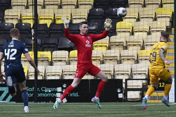 Livingson's Bruce Anderson scores making it 1-0, during a cinch Premiership match against Ross County at Tony Macaroni Arena, on April 27, 2024, in Livingston, Scotland.  (Photo by Rob Casey / SNS Group)