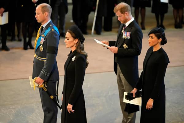 Prince Harry and Meghan, Duchess of Sussex, seen with the Prince and Princess of Wales during Queen Elizabeth's Lying-in State (Picture: Christopher Furlong/Getty Images)