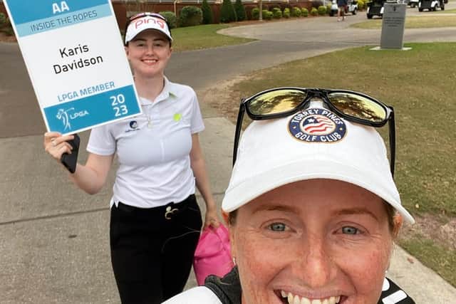 Borders-born Karis Davidson celebrates securing her LPGA Tour card for next season with her caddie in the circuit's Q-Series, former Curtis Cup player Holly Clyburn.